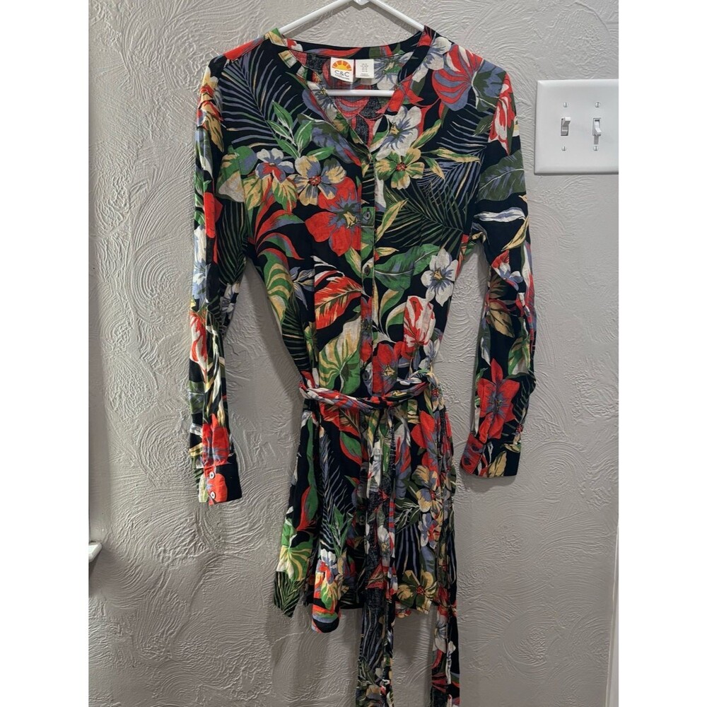 C & C California Tropical Floral Button-Front Shirt Dress Linen Blend Size M